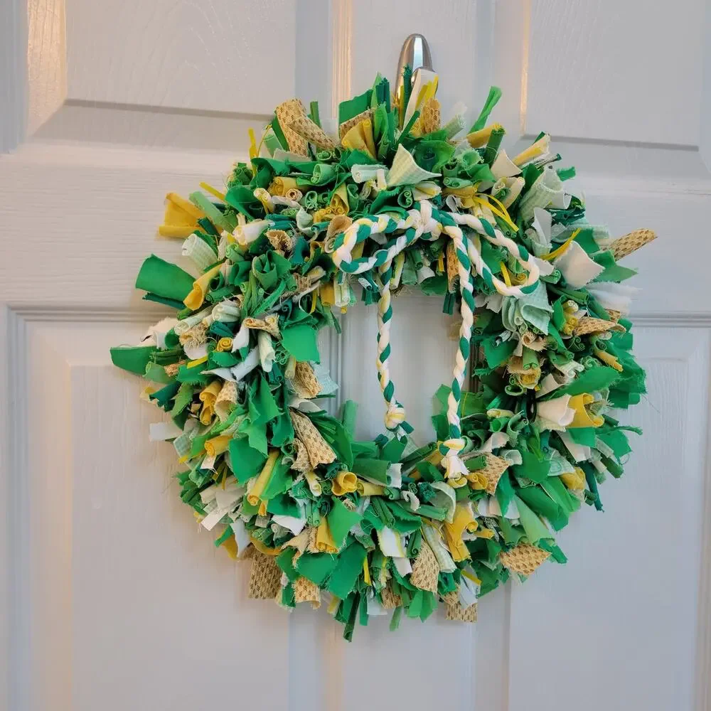 Handcrafted Upcycled Small Spring Fabric Wreath Green, Yellow, White, 14
